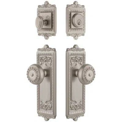 Grandeur Windsor Long Plate Entry Set With Parthenon Knob In Satin Nickel In Brown