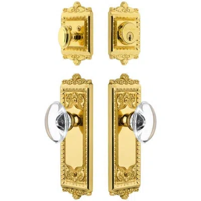 Grandeur Windsor Long Plate Entry Set With Provence Crystal Knob In Lifetime Brass In Gold