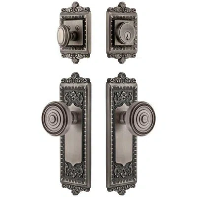 Grandeur Windsor Long Plate Entry Set With Soleil Knob In Antique Pewter In Brown