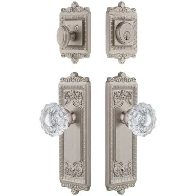 Grandeur Windsor Long Plate Entry Set With Versailles Crystal Knob In Satin Nickel In Brown