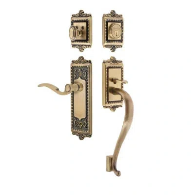Grandeur Windsor Plate S Grip Entry Set Bellagio Lever In Vintage Brass In Gold