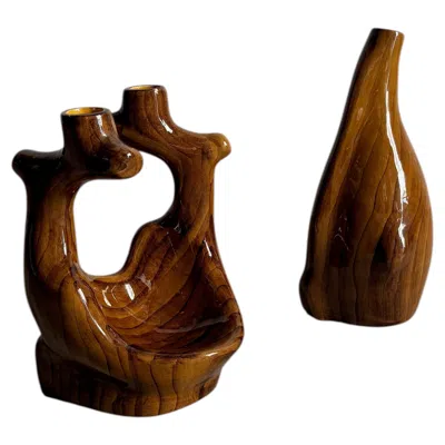 Pre-owned Grandjean Jourdan Faux Bois Vase And Candlestick By  For Vallauris In Brown