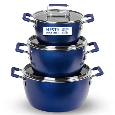 Granitestone 6 Piece Stackable Nonstick Nesting Pots With Lids, Dishwasher Safe In Blue