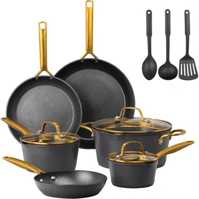 Granitestone Armor Max Gold 14 Piece Nonstick Hard Anodized Cookware Set With Utensils In Gold;black
