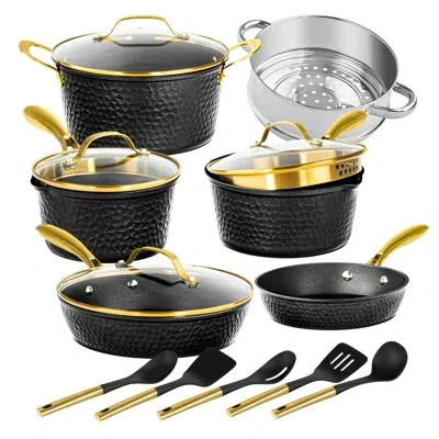 Granitestone Charleston Collection Hammered 15 Piece Nonstick Ceramic Cookware Set With Utensils In Black