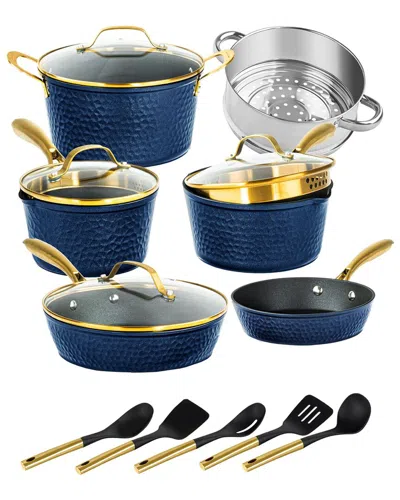 Granitestone Charleston Collection Hammered 15pc Nonstick Cookware Set With Utensils In Blue