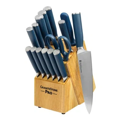 Granitestone Pro Nutriblade 14 Piece Stainless Steel Black Knife Set With Wooden Block In Blue
