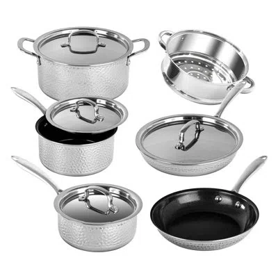 Granitestone Stainless Steel Hammered 10 Piece Nonstick Cookware Set, Stay Cool Handles, Oven & Dishwasher Safe