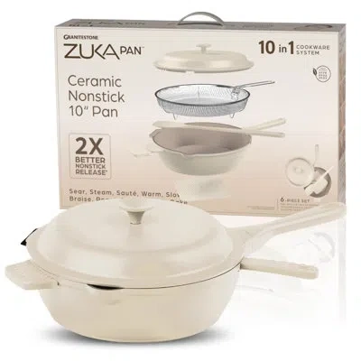 Granitestone Zuka Everyday 10in Nonstick Multifunctional Pan With Lid, Nylon Spoon, And Steamer Basket In Cream
