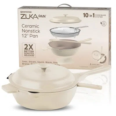 Granitestone Zuka Everyday 12in Nonstick Multifunctional Pan With Lid, Nylon Spoon, And Steamer Basket In Cream