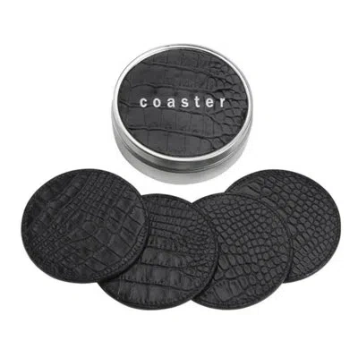 Graphic Image 4 Coasters With Tin Box, Leather,embossed Croc Leather In Black