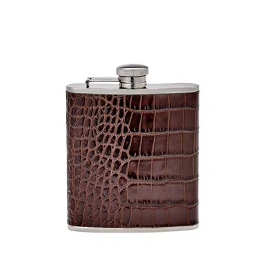 Graphic Image 6 oz Leather Wrapped Flask, Embossed Croc Leather In Brown