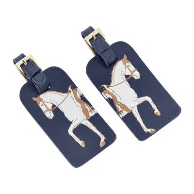 Graphic Image Equestrian Leather Luggage Tag Set In Blue
