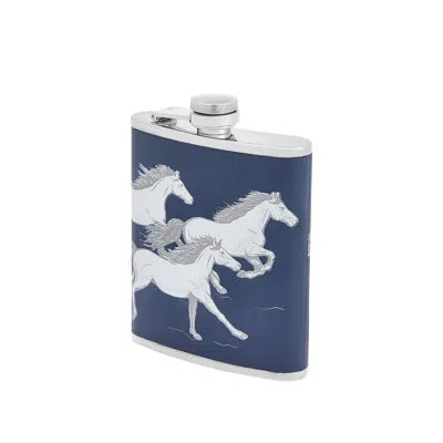 Graphic Image Running Horses Leather Hip Flask In Blue