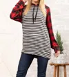 Grateful Hearts Buffalo Plaid With Charcoal Stripe Hoodie Top In Red Black In Red