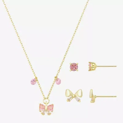 Gratitude & Grace Kids' Girls Pink Cubic Zirconia 14k Gold Over Brass Bow 3-pc. Jewelry Set In Yellow
