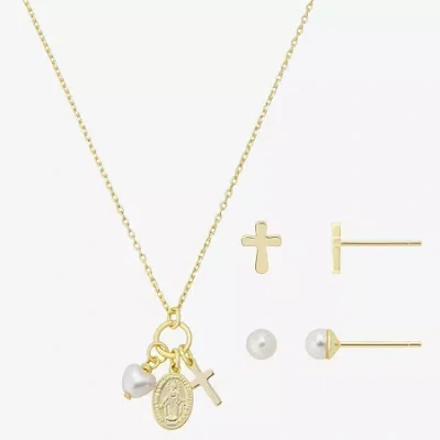 Gratitude & Grace Kids' Virgin Mary Charm Girls Cubic Zirconia 14k Gold Over Brass Cross 3-pc. Jewelry Set In Yellow
