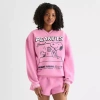 Grayson Threads, The Label 75th Social Club Crew Fleece Womens Juniors V Neck Long Sleeve Peanuts Snoopy Sweatshirt In Pink
