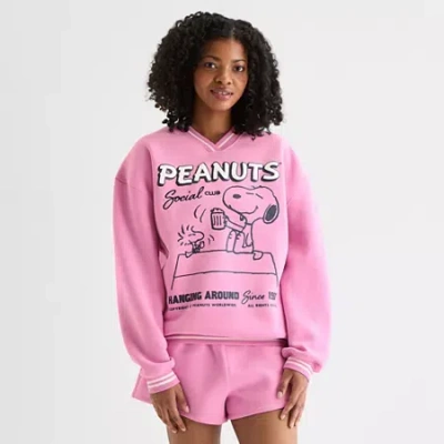 Grayson Threads, The Label 75th Social Club Crew Fleece Womens Juniors V Neck Long Sleeve Peanuts Snoopy Sweatshirt In Pink