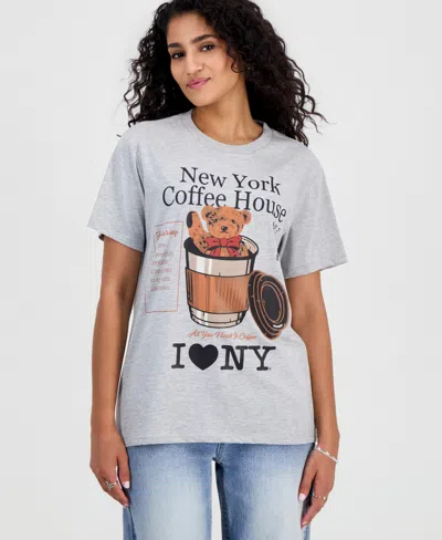Grayson Threads, The Label Juniors' Bear Coffee Graphic-print T-shirt In Lt Heather Grey