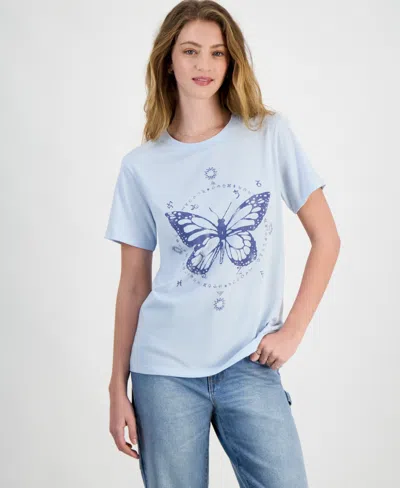 Grayson Threads, The Label Juniors' Celestial Butterfly Graphic T-shirt In Baby Blue