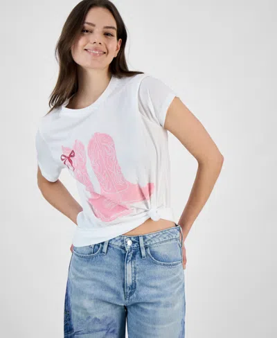 Grayson Threads, The Label Juniors' Cowboy Boots Bow Graphic Print T-shirt In White