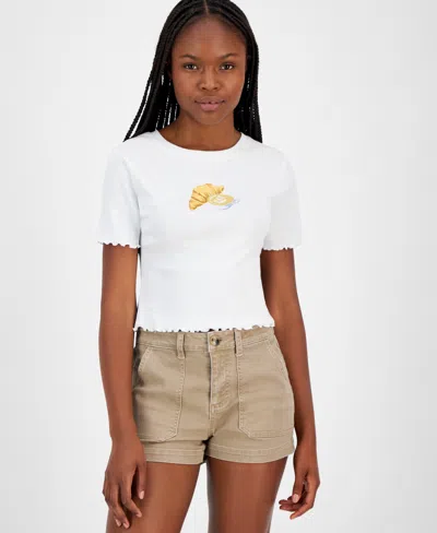 Grayson Threads, The Label Juniors' Croissant Graphic Lettuce-edge Baby Tee In White