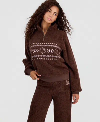 Grayson Threads, The Label Juniors' Hello Kitty Quarter-zip Mock Neck Sherpa Pullover In Brown