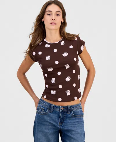 Grayson Threads, The Label Juniors' Hello Kitty Short-sleeve Layered-look Top In Shaved Chocolate,ballet Slipper