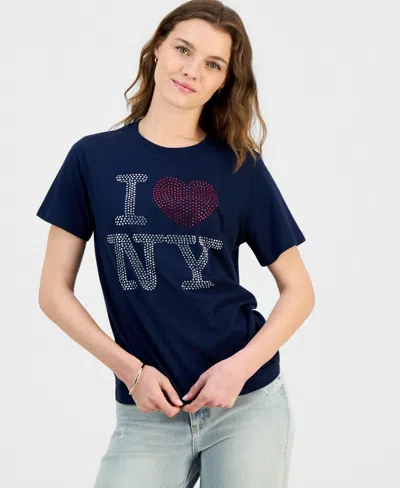 Grayson Threads, The Label Juniors' I Love Ny Rhinestone Tee In Blue