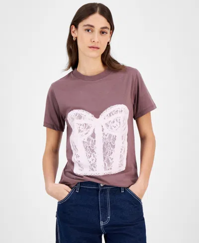 Grayson Threads, The Label Juniors' Lace Corset Graphic T-shirt In Mocha Plum