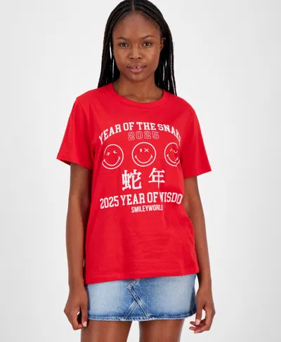 Grayson Threads, The Label Juniors' Lunar New Year Smiley Graphic T-shirt In Red