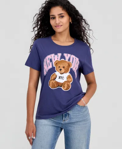Grayson Threads, The Label Juniors' New York Teddy Graphic T-shirt In Crown Blue
