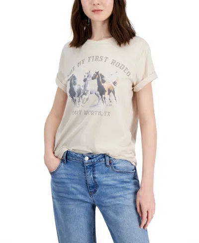Grayson Threads, The Label Juniors' Rodeo Rolled-cuff Crewneck Tee In Beige