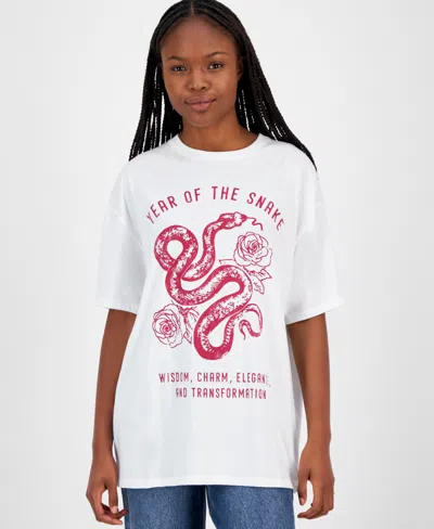 Grayson Threads, The Label Juniors' Rose & Snake Lunar New Year Graphic T-shirt In White