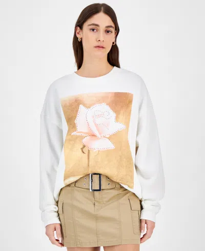 Grayson Threads, The Label Juniors' Rose Graphic Crewneck Sweatshirt In Coconut Milk