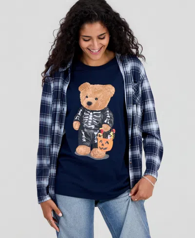 Grayson Threads, The Label Juniors' Skeleton Bear Graphic-print T-shirt In Navy Blazer