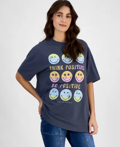 Grayson Threads, The Label Juniors' Smiley World Grid T-shirt In Turbulence