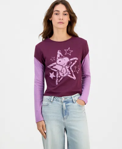 Grayson Threads, The Label Juniors' Snoopy Long-sleeve Layered-look Top In Purple