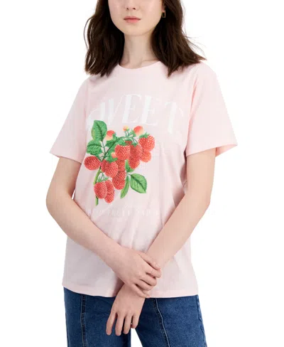 Grayson Threads, The Label Juniors' Strawberry Crewneck Tee In Pink