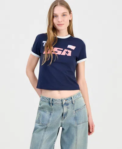 Grayson Threads, The Label Juniors' Usa Graphic Ringer T-shirt In Blue