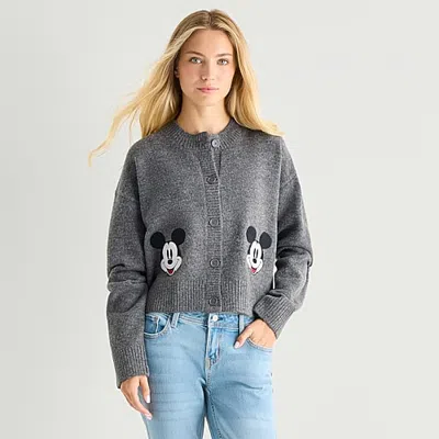 Grayson Threads, The Label Mickey Mouse Cardigan\n Womens Crew Neck Long Sleeve Button Mickey Mouse Juniors Cardigan In Gray