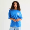Grayson Threads, The Label Smileyworld Feel Good Club Womens Juniors Crew Neck Short Sleeve Oversized Graphic T-shirt In Blue