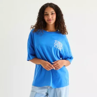 Grayson Threads, The Label Smileyworld Feel Good Club Womens Juniors Crew Neck Short Sleeve Oversized Graphic T-shirt In Blue