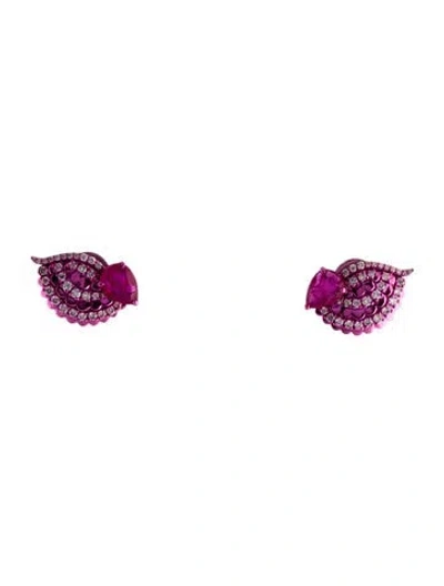 Pre-owned Graziela 18k 1.76ctw Glass Filled Ruby & Diamond Asa Pera Stud Earrings In Multi