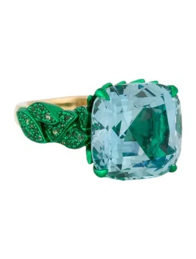 Pre-owned Graziela 18k Aquamarine & Tsavorite Garnet Cocktail Ring In Multi