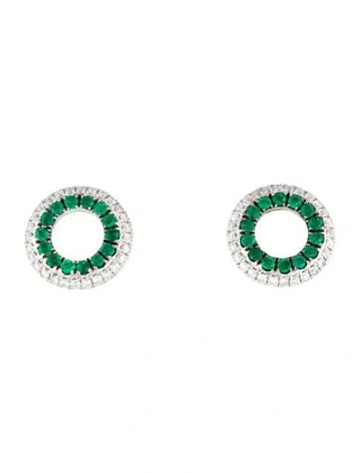 Pre-owned Graziela 18k Emerald & Diamond Open Circle Stud Earrings In Multicolor