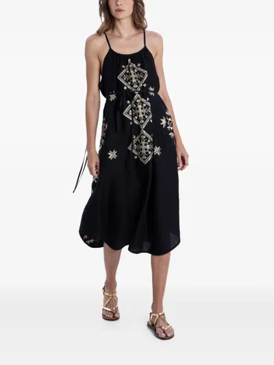 Greek Archaic Kori Embroidered Belted Dress In Black