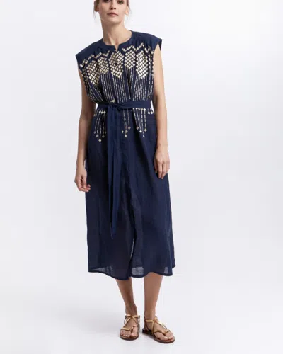Greek Archaic Kori Embroidered Belted Dress In Blue