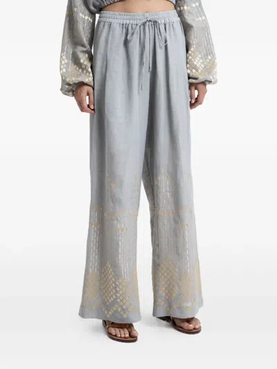 Greek Archaic Kori Embroidered Drawstring Trousers In Gray